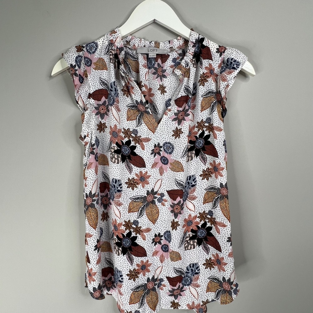 LOFT Fall Floral Blouse Ruffle Split Neck Flutter Sleeve XS BohoTop‎
